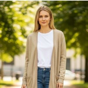 Eileen Fisher Womens Open Front Cardigan Linen Knit With Pockets Size M Beige